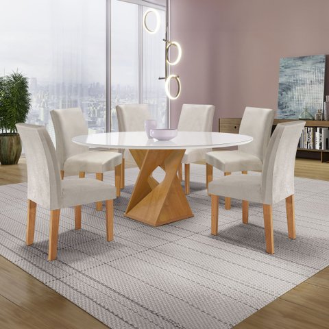 Conjunto Mesa Barcelona 120cm com 6 Cadeiras Espanha Tampo Plus Redondo Vidro Yescasa