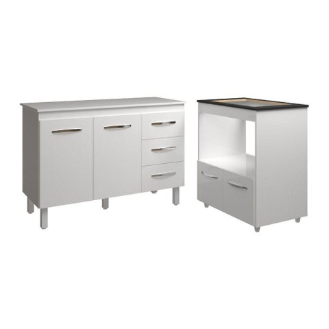 Balcão Armário Gabinete Bruna 118 Cm com Tampo Tampão e Balcão Evelyn para Cooktop 4 Bocas