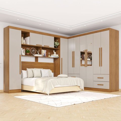 Guarda-roupa Casal Modulado Andorra 10 Portas 4 Gavetas com Espelho Cinamomo/off White - Pnr Móveis
