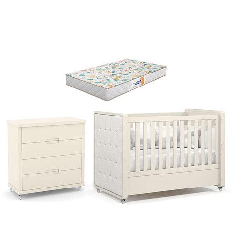 Berço Americano com Capitonê New Boucle e Cômoda Gaveteiro Infantil Tutto New Off White e Colchão Ga