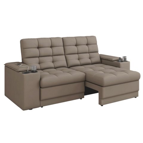 Sofá Retrátil e Reclinável 2,05m 3 Lugares com Porta Copos Entrada USB Kansas Veludo Cappuccino