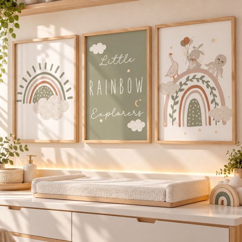 Kit 3 Quadros Infantil Arco Íris Quarto Bebê Menino Menina 40x60 Moldura Madeira NO8