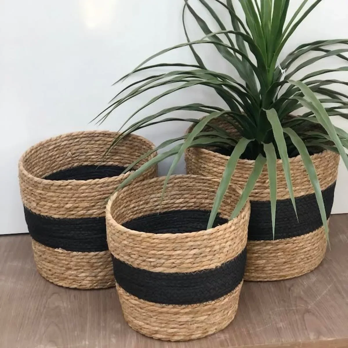 Ver imagem 6 de Jogo 3 Cestos Fibra Natural Organizador Palha com Preto