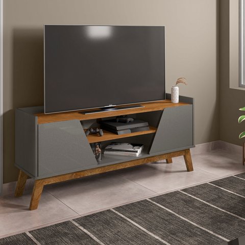 Rack para Tv até 55 Polegadas Ares com 2 Porta e Pés de Madeira Babus - Cinza / Naturalle