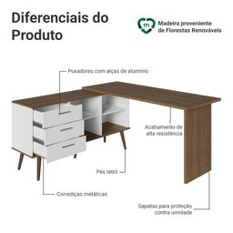 Escrivaninha em L Mesa para Computador Gamer 3 Gavetas Branco/rustic Lisboa Madesa - 5