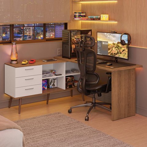 Escrivaninha em L Mesa para Computador Gamer 3 Gavetas Branco/rustic Lisboa Madesa