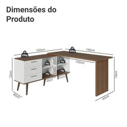 Escrivaninha em L Mesa para Computador Gamer 3 Gavetas Branco/rustic Lisboa Madesa - 3