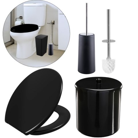 Assento Sanitário Tampa Oval Soft Preto + Lixeira Preta 6L Redonda C/ Tampa + Escova Sanitária Base 