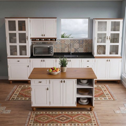 Cozinha Completa Modulada 7 Peças com Ilha Joy Branco/Off White/Nogueira