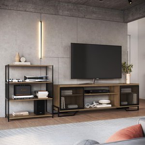 Kit Sala Rack C/ 2 Portas e Estante em Aço Estilo Industrial Cor:mel com Preto