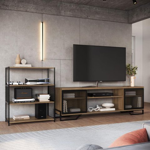 Kit Sala Rack C/ 2 Portas e Estante em Aço Estilo Industrial Cor:mel com Preto
