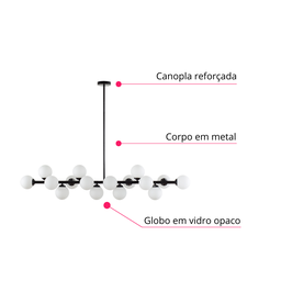 Luminária Pendente Lustre Jabuticaba Moon Preto Com Bolas Globos Esferas Opaco Leitoso Moderno Luxo  - 6