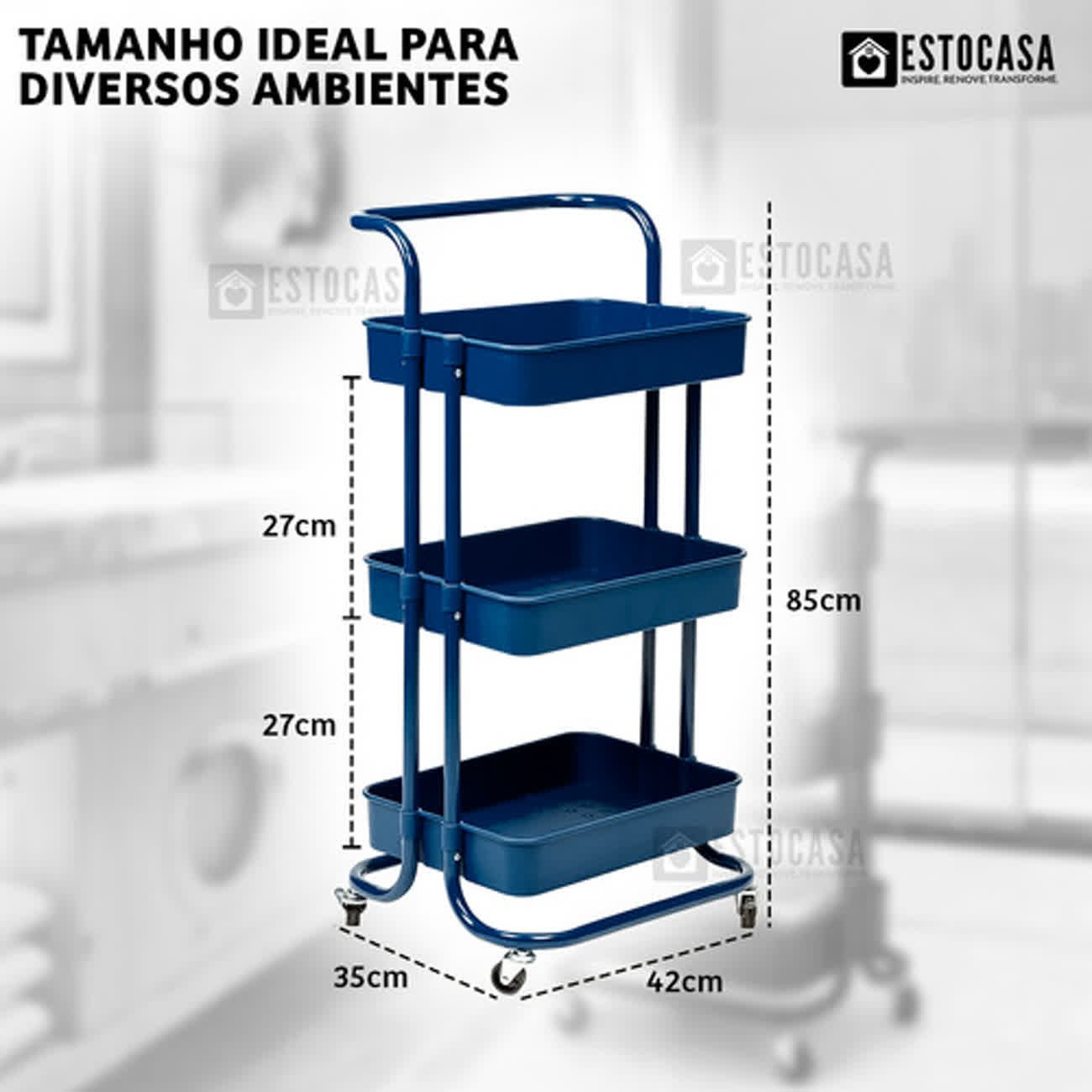 Carrinho Organizador Multiuso 3 Prateleiras Fruteira Rodinha Cor Azul - 11