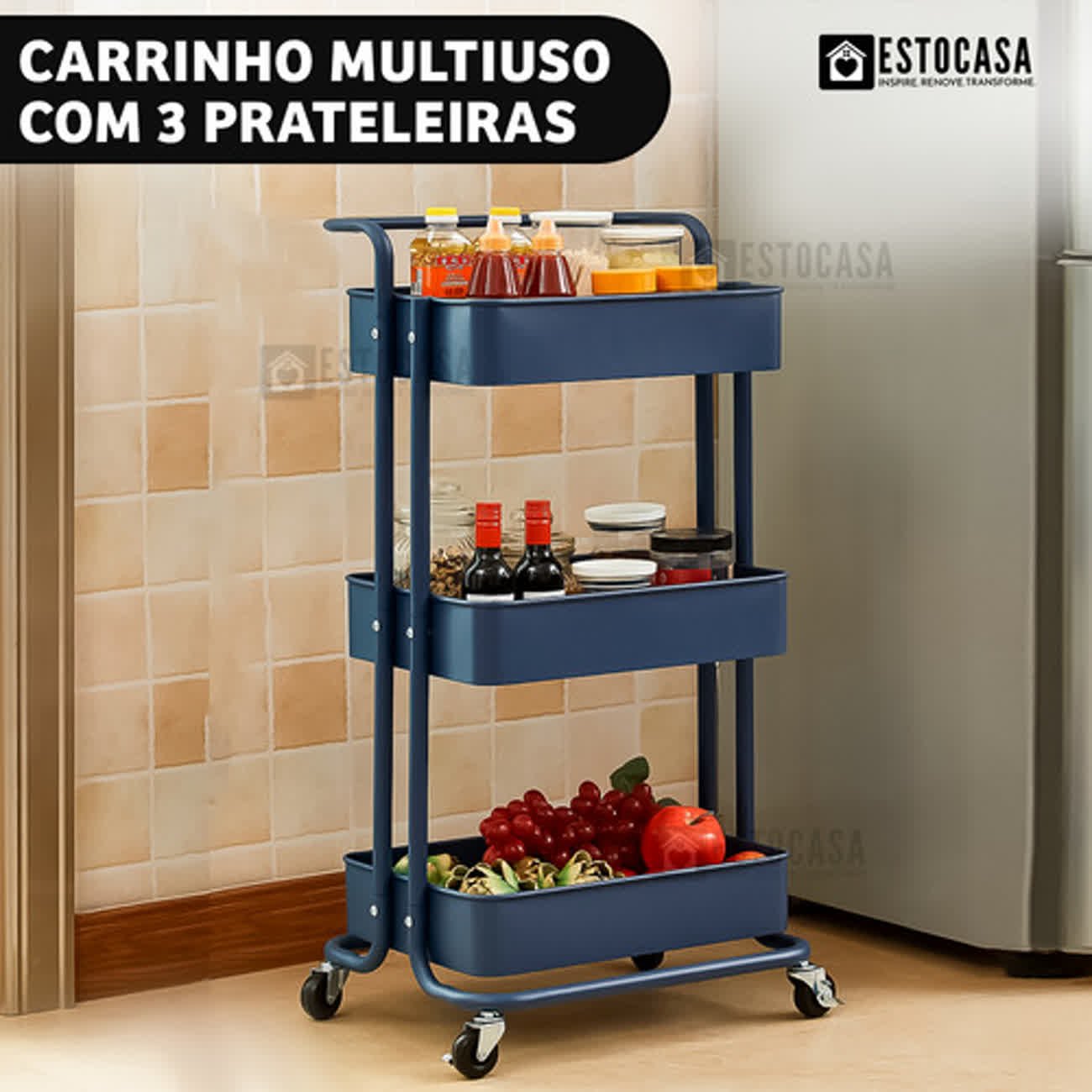 Carrinho Organizador Multiuso 3 Prateleiras Fruteira Rodinha Cor Azul - 2