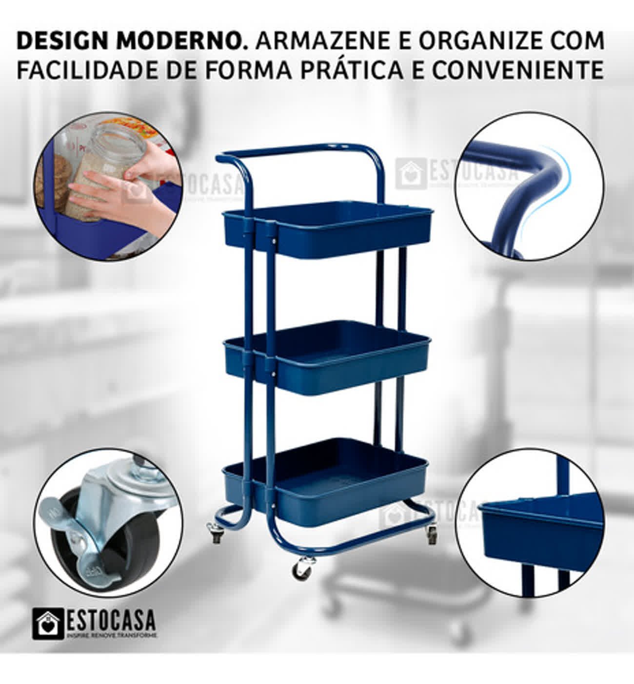 Carrinho Organizador Multiuso 3 Prateleiras Fruteira Rodinha Cor Azul - 10