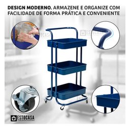 Carrinho Organizador Multiuso 3 Prateleiras Fruteira Rodinha Cor Azul - 10