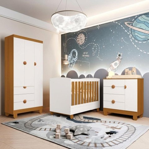 Quarto de Bebê Completo Berço 2 em 1, Cômoda e Guarda Roupa MDF Apolo Reller Branco Fosco/Savana