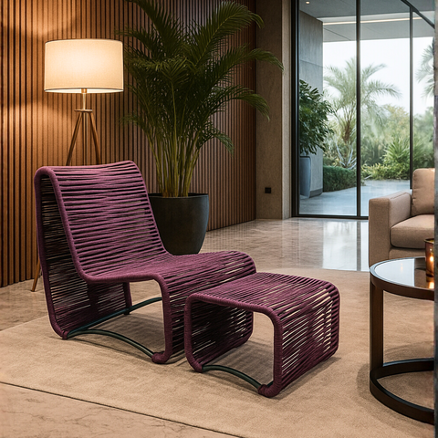 Poltrona Lotus com Puff para Jardim Varanda Gourmet Moderrna em Aço e Corda Náutica Resistente