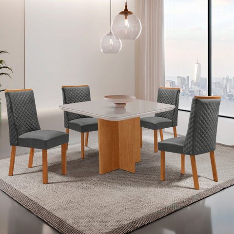 Mesa de Jantar Olimpia 90cm Tampo MDF Vidro Canto Copo com 4 Cadeiras Yasmin