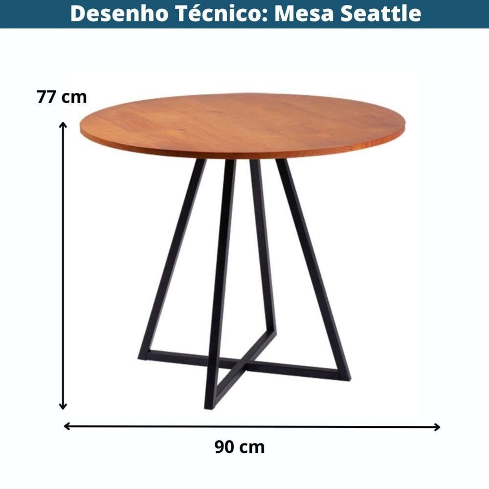 Mesa de Jantar Redonda Seattle Industrial Daf Móveis 90 cm Madeira Maciça Mel Base Aço Carbono - 4