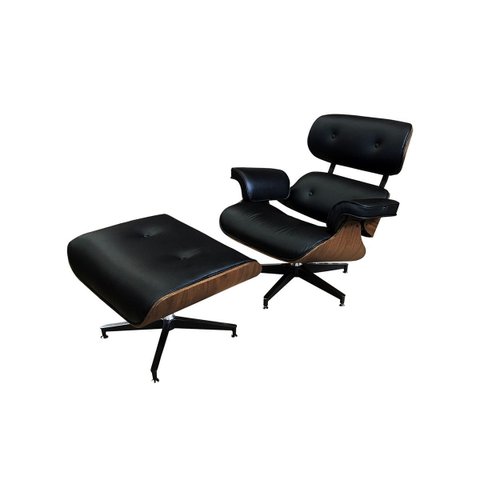 Poltrona de Couro com Puff Charles Eames - Preto