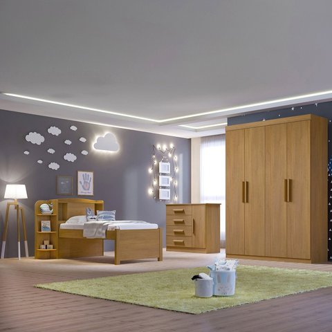Quarto Infantil Completo com Guarda-Roupa Cama 100% MDF e Cômoda Angel Marrom/Cinamomo