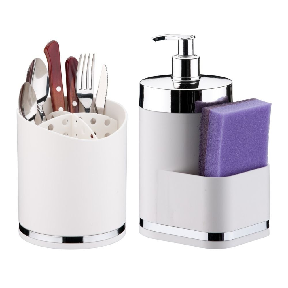 Dispenser Dosador P/ Detergente + Escorredor Porta Talheres - Branco - 1
