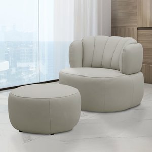 Conjunto Sala de Estar Decorativo Mariele Poltrona Base Giratória em Aço com Puff Couro Bege G88 - G