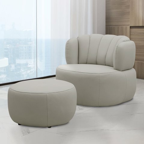 Conjunto Sala de Estar Decorativo Mariele Poltrona Base Giratória em Aço com Puff Couro Bege G88 - G