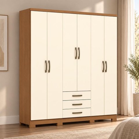 Guarda Roupa Casal Caju 6 Portas e 3 Gavetas Cinamomo/Off White - Móveis Henn