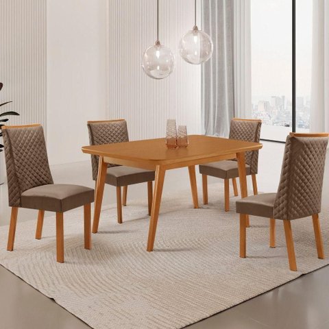 Mesa de Jantar Copper 4 Lugares Retangular MDF Laminado 120cm Creme 4 Cadeiras Yasmin Moderna