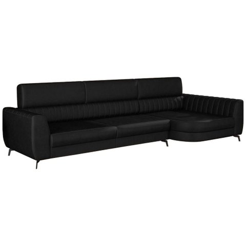 Sofá com Chaise Flames 3 Lugares Fixo 260cm Preto Courino Sallar Home