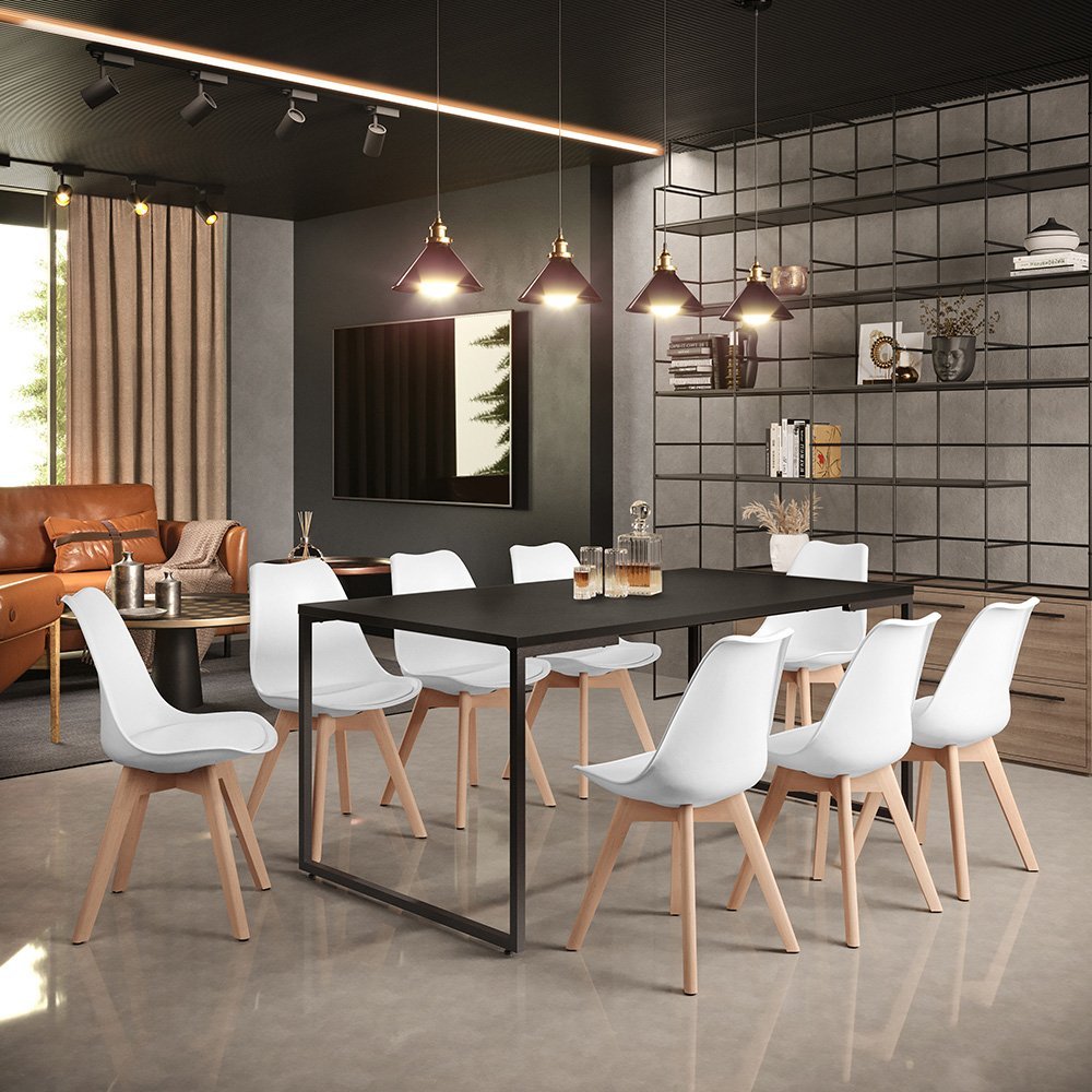 Mesa De Jantar 8 Lugares Retangular Rivera F01 Industrial Preto Fosco ...