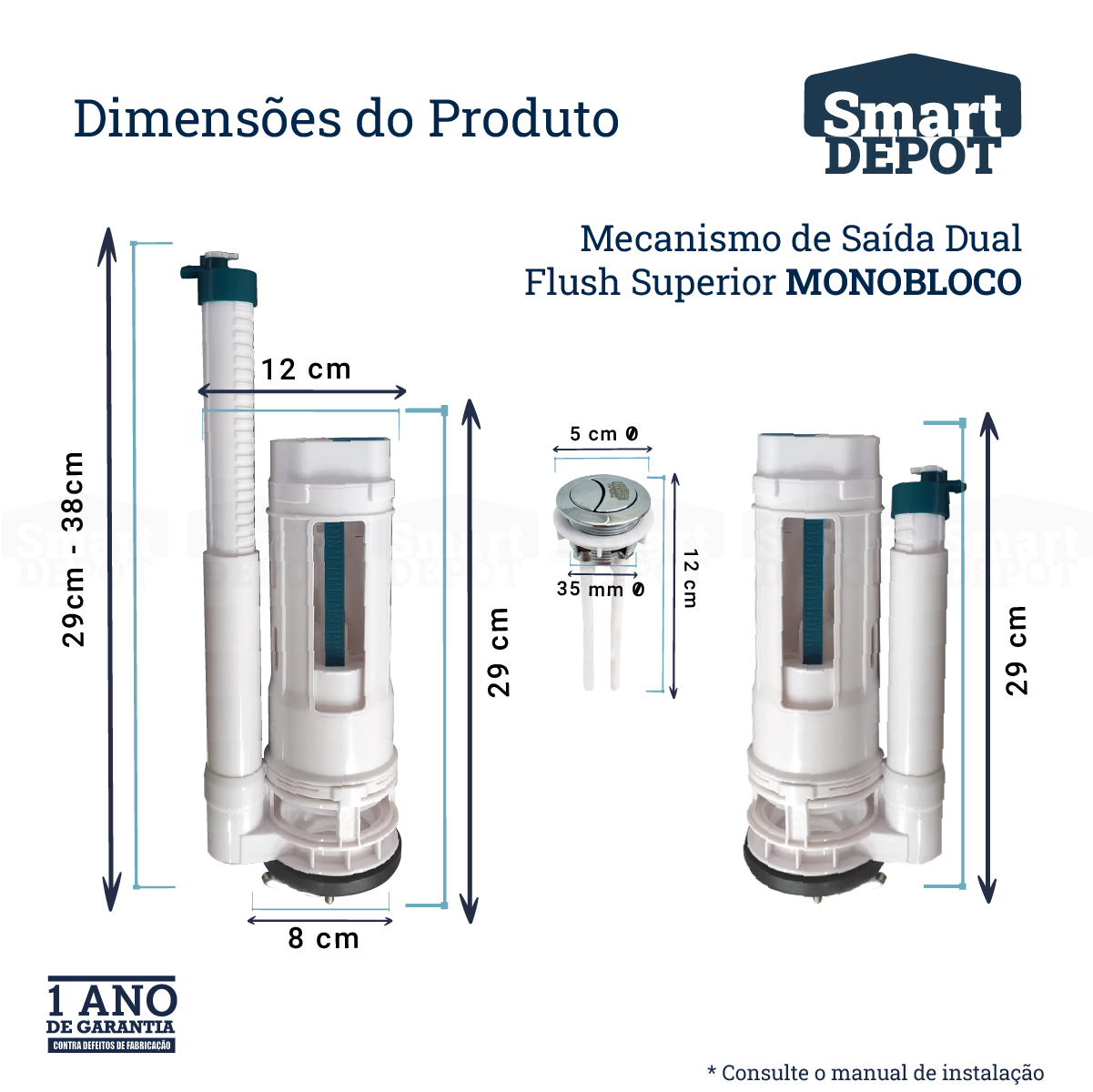 Mecanismo Caixa Acoplada Monobloco Smart Depot com Botão Superior Duplo para Deca Incepa Celite - 6