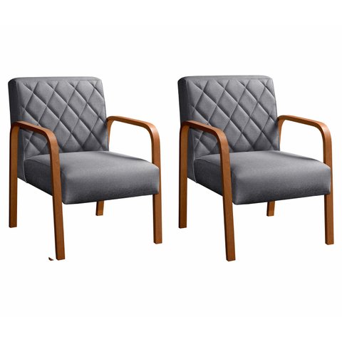 Conjunto 2 Poltronas Lara Cadeira decorativa Sala, Recepção - Linho Cinza