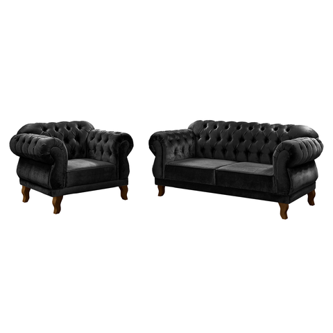 Conjunto Sofá Namoradeira Elisabeth Chesterfield Capitone Suede Preto Decorativa / Sala, Tv, Estar, 