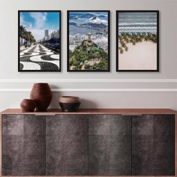 Kit 3 Quadros Fotos Rio de Janeiro- Cristo e Copacabana 33x24cm:madeira Preta - 2