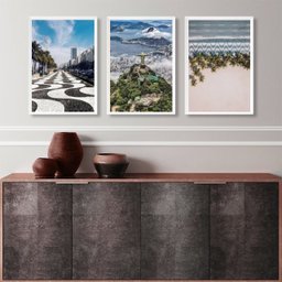 Kit 3 Quadros Fotos Rio de Janeiro- Cristo e Copacabana 33x24cm:madeira Preta - 1