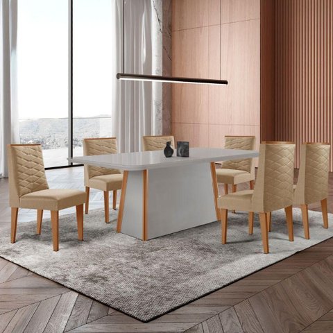 Mesa de Jantar Diane 180cm Tampo MDF Vidro 6 Cadeiras Safira Moderna Turim 07 Naturale Serigrafia