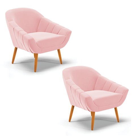 Kit 2 Poltronas Giovana Suede Rosa Bebê Pés Palito Castanho - D'Rossi