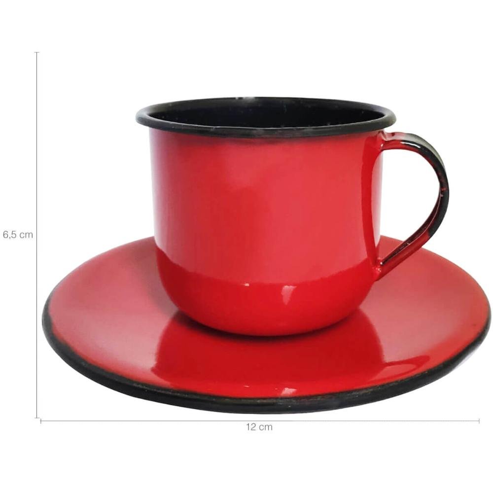 Kit Bule de Café e Chá com 6 Xícaras e Pires Aço Esmaltado Vermelho - 4