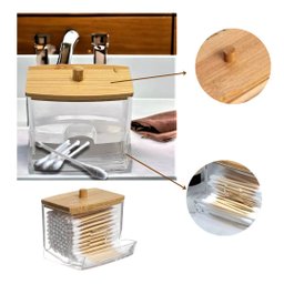Porta Cotonetes Tampa de Bambu Suporte Organizador Higiênico Hastes Flexiveis Algodão Banheiro Casa - 9