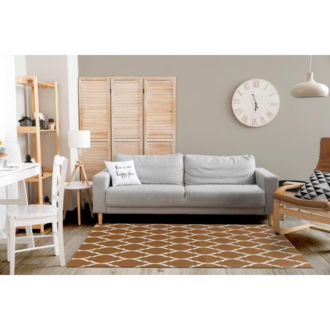 Tapete Sala ou Quarto Antiderrapante 1,00M x 1,32M Arabesco Geométrico Caramelo e Cru
