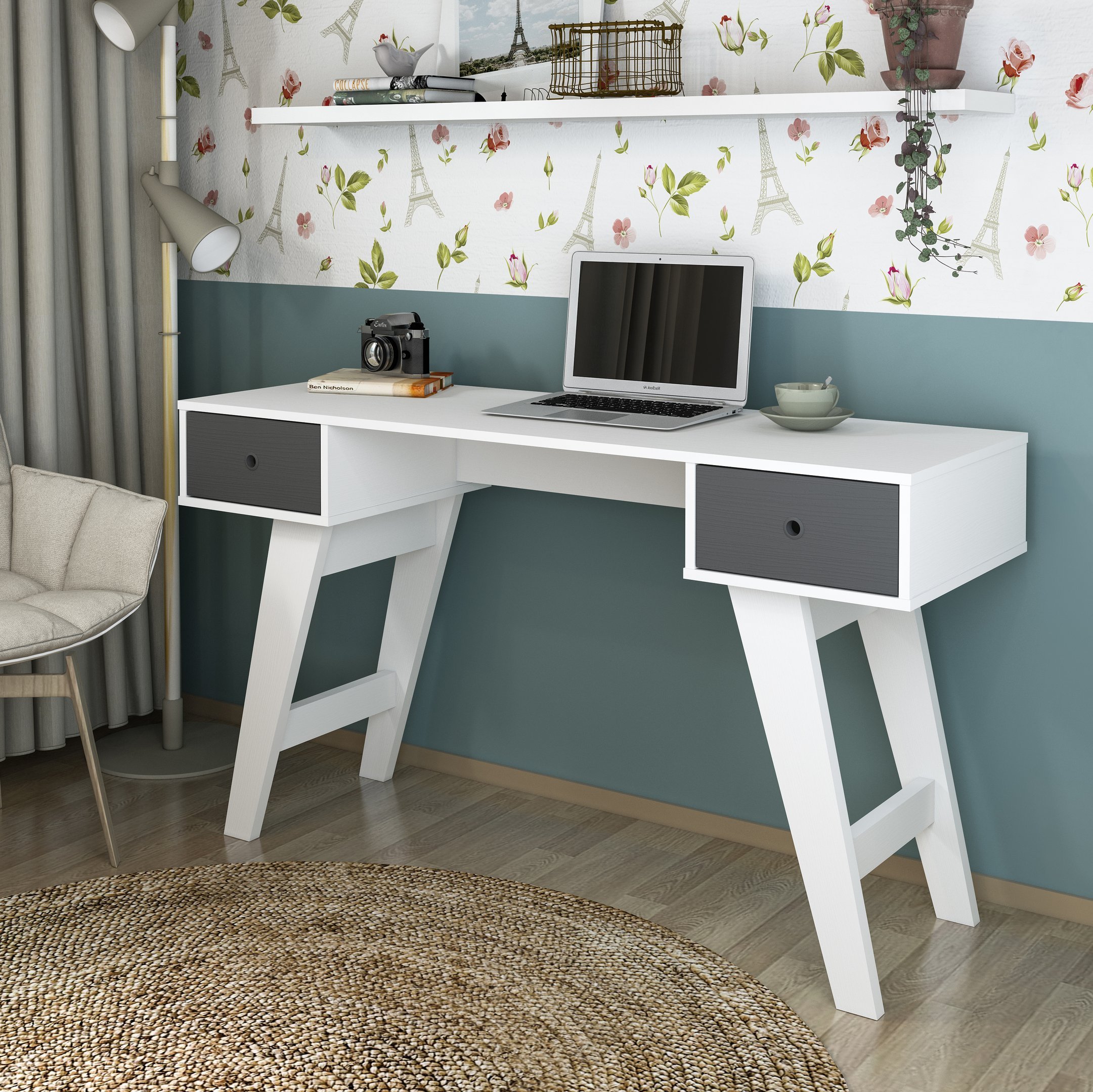 Mesa para Estudos Home Office Com Gavetas Paris Branca - 1