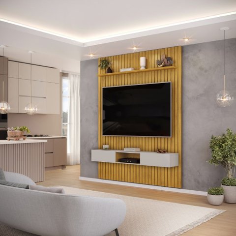 Conjunto com Painel Ripado e Bancada Suspensa 183cm Trento para Sala de Estar Cedro Bali DJ Móveis