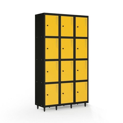 Armário Roupeiro Locker de Aço com 12 Portas Amarelo e Preto 193x105cm Isma