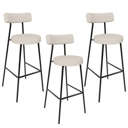 Kit 03 Banquetas Altas Bar Cozinha Sala De Jantar Estrutura Em Aço Milão F01 Linho Bege - Lyam - 1