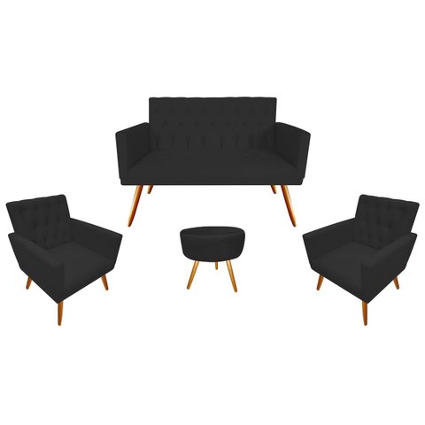 Kit Namoradeira + 2 Poltronas Decorativa Nina Capitonê + Puff Redondo Couro Preto Pés Madeira Mz Dec