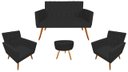 Ver imagem 1 de Kit Namoradeira + 2 Poltronas Decorativa Nina Capitonê + Puff Redondo Couro Preto Pés Madeira Mz Dec