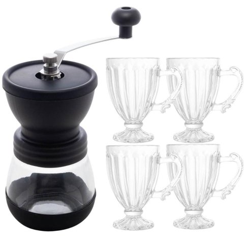 Conjunto Moedor Manual de Café e 4 Xícaras de Café Curto Expresso 100ml Cristal Lyor